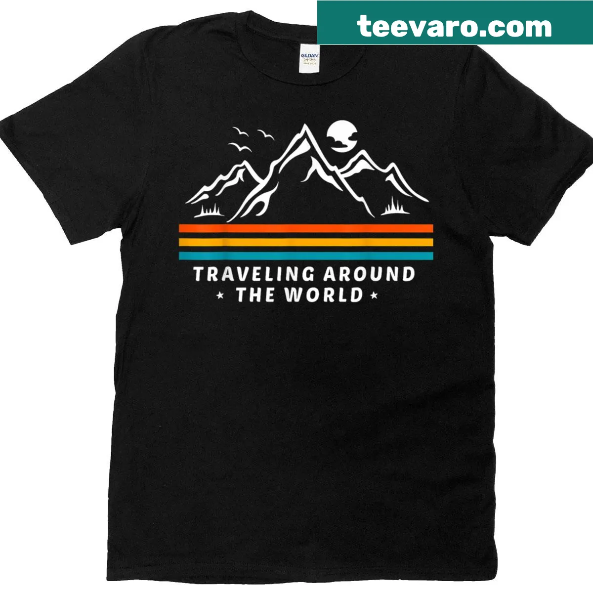 Graphic of van life and adventure scenes on a travel T-shirt — on a men's t-shirt