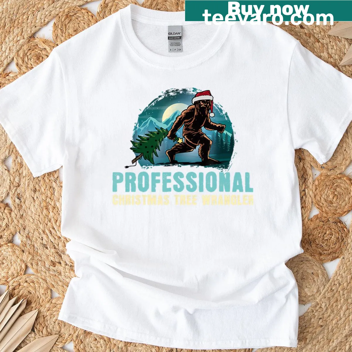 Vintage Bigfoot t-shirt with Christmas lights and tree — on a men's t-shirt