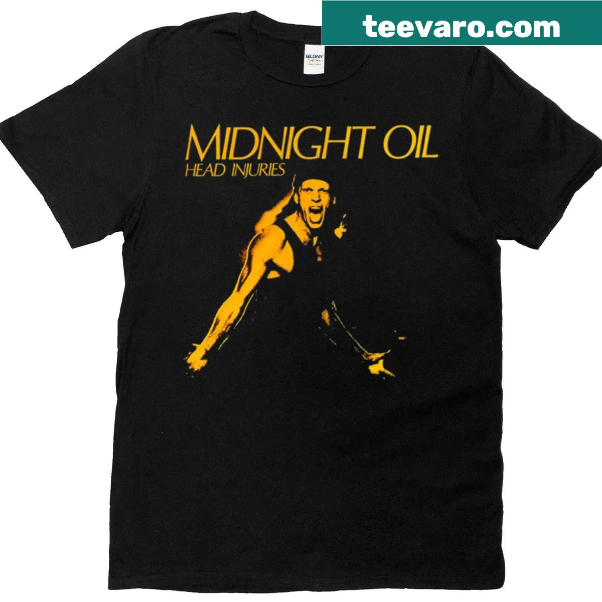 Typographic graphic T-shirt featuring Midnight Oil reference — on a men's t-shirt