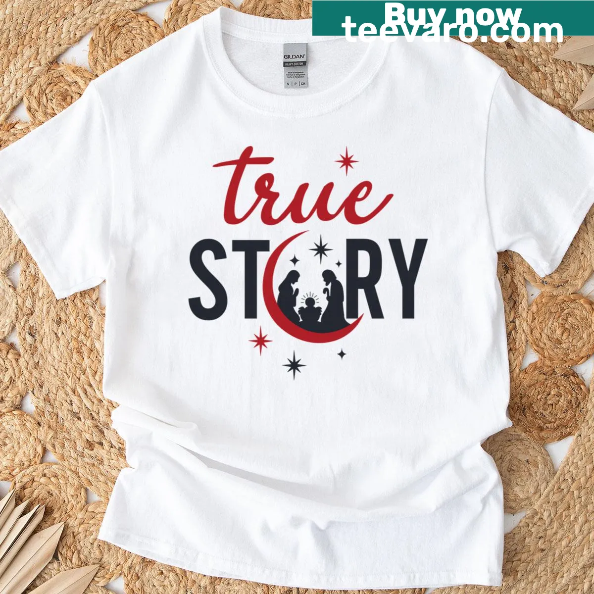 Nativity scene t-shirt featuring John 3:16 text for Christmas — on a men's t-shirt