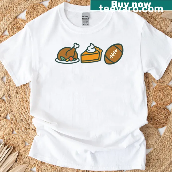 Thanksgiving-themed t-shirt with turkey, pie, and football illustrations