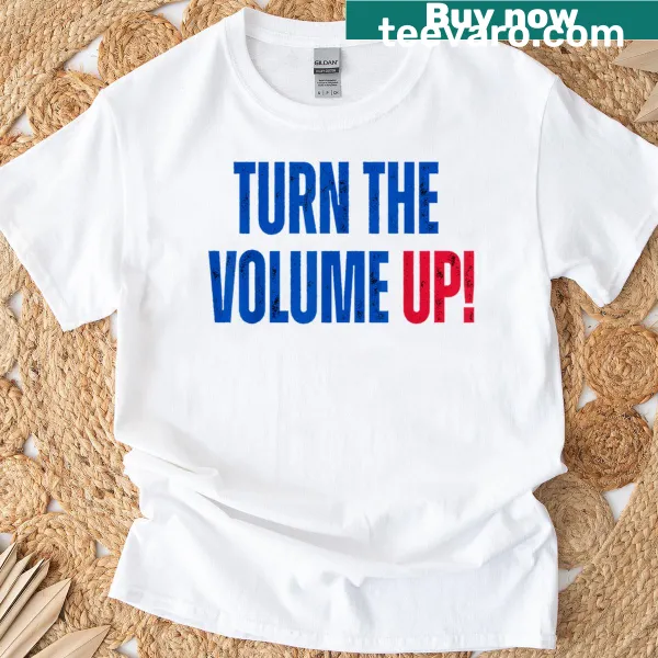Typography t-shirt featuring 'Turn The Volume Up' saying