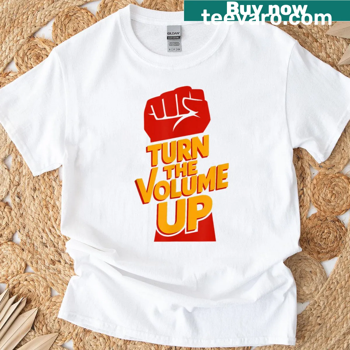 Bold T-shirt with 'Turn The Volume Up' text — on a men's t-shirt