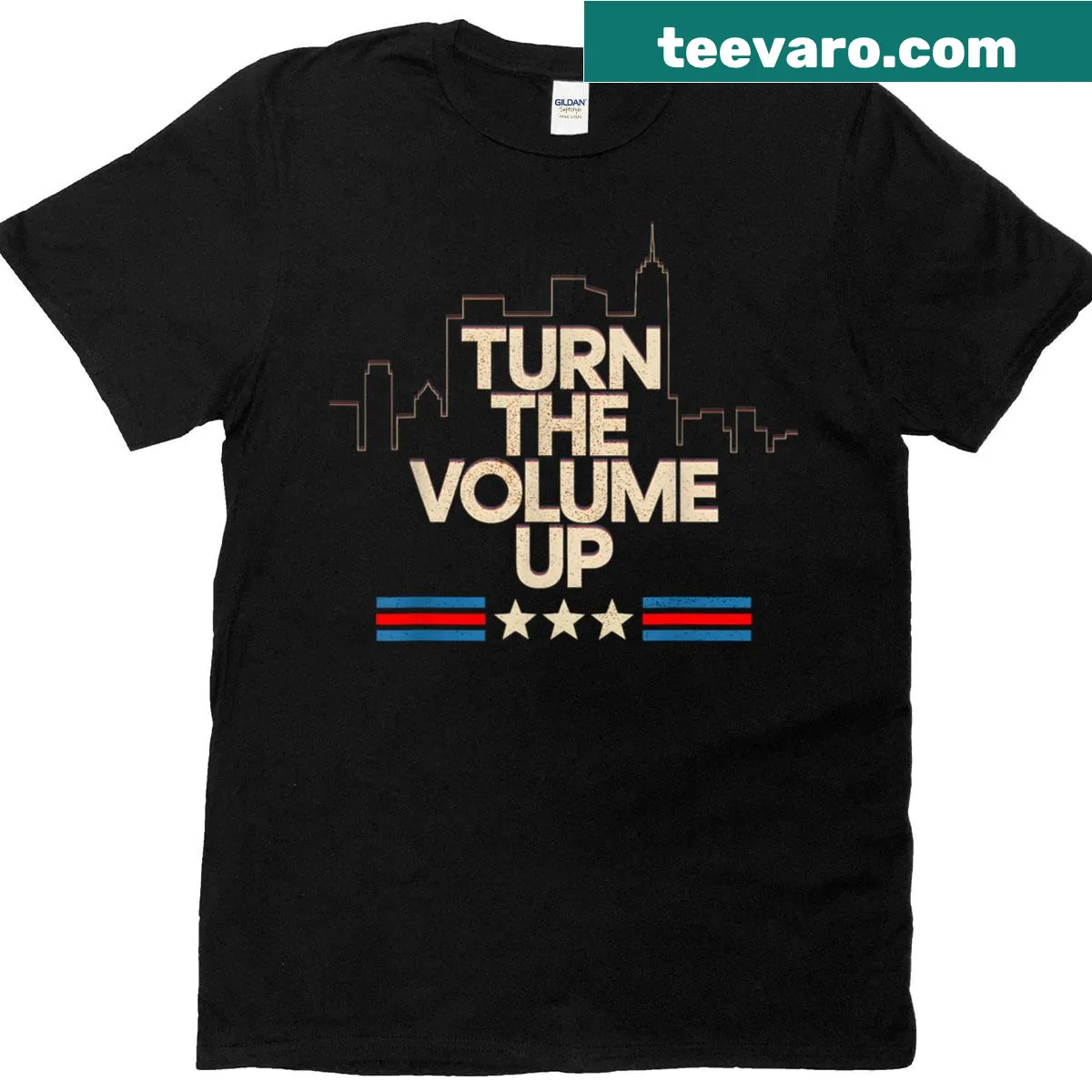 Bold retro-style t-shirt with 'Turn The Volume Up' graphic — on a men's t-shirt