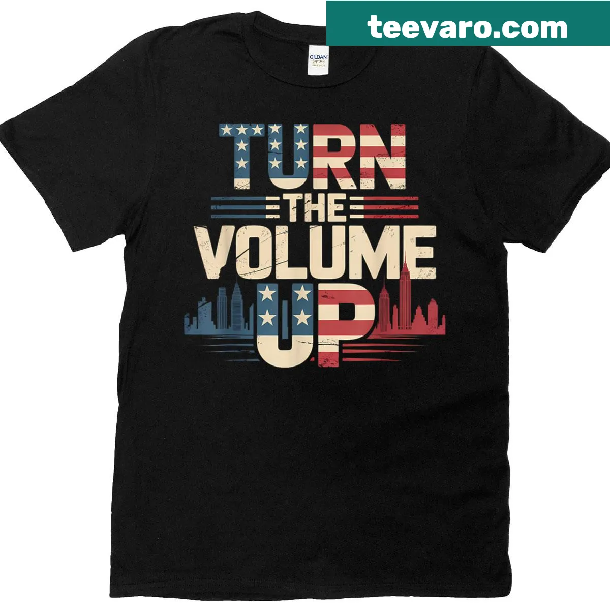 USA flag skyline t-shirt with 'Turn The Volume Up' text — on a men's t-shirt