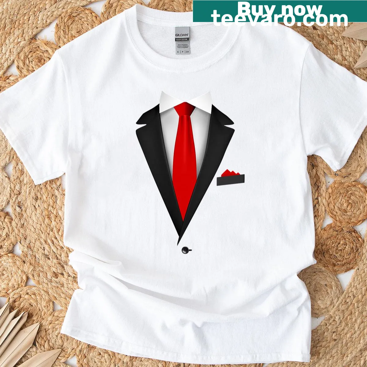 Whimsical tuxedo and tie graphic design on a playful wedding T-shirt — on a men's t-shirt