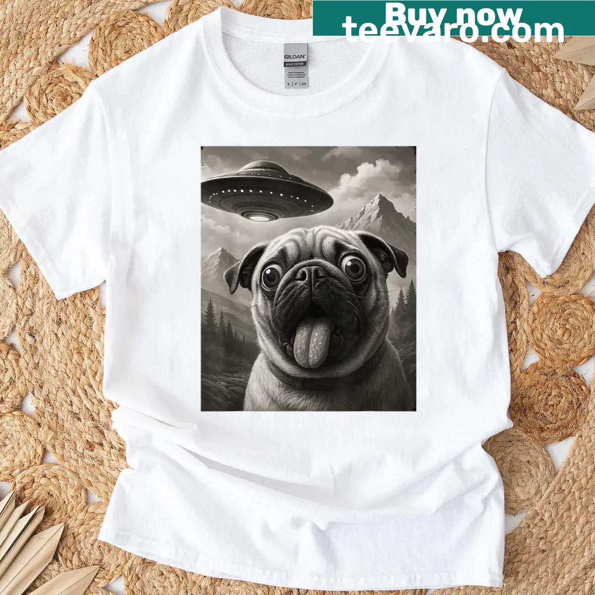 Cartoon-style t-shirt with a pug selfie and aliens, humorous design. — on a men's t-shirt