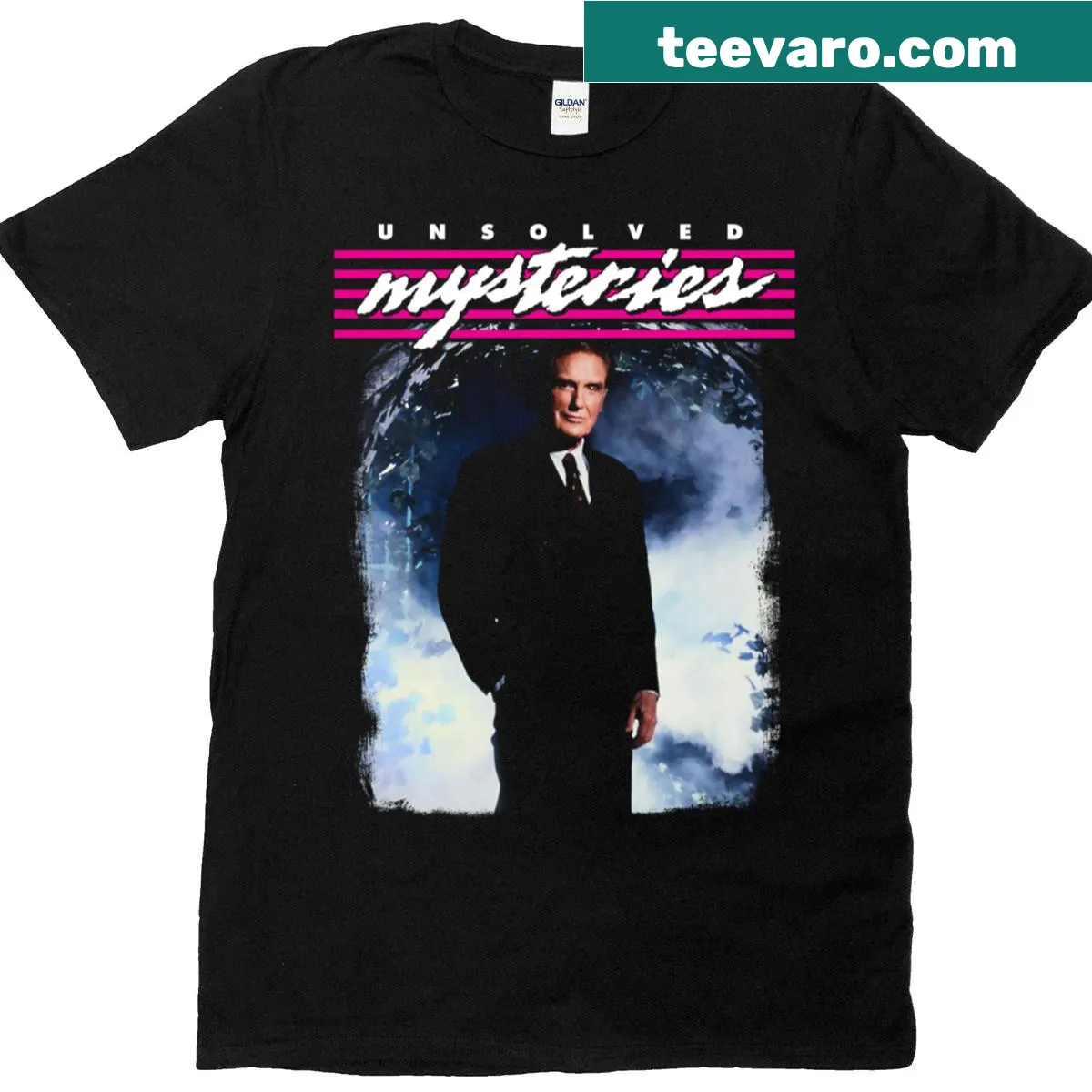 T-shirt featuring design inspired by Unsolved Mysteries and Robert Stack — on a men's t-shirt