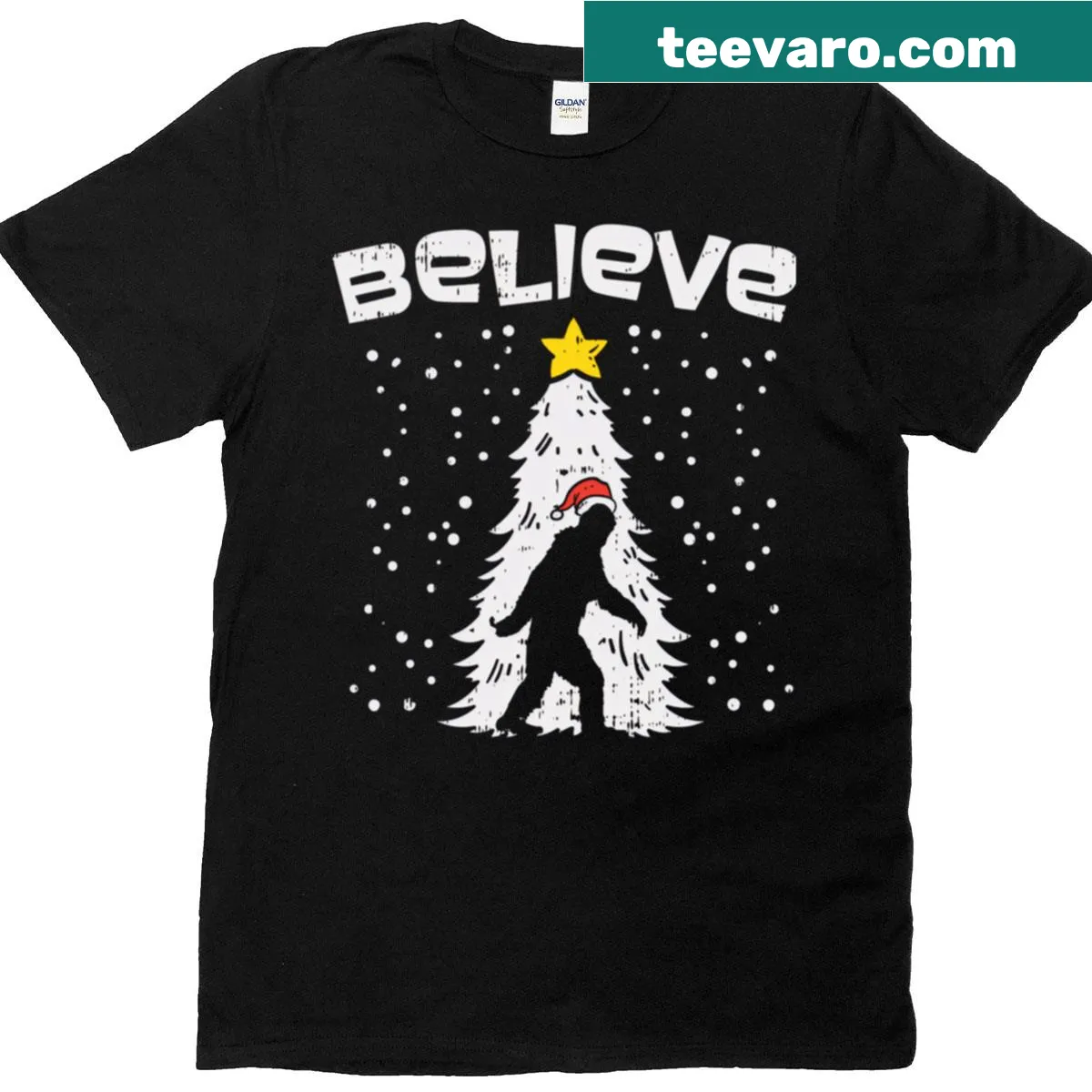 Bigfoot Christmas T-shirt with retro lights and tree design — on a men's t-shirt