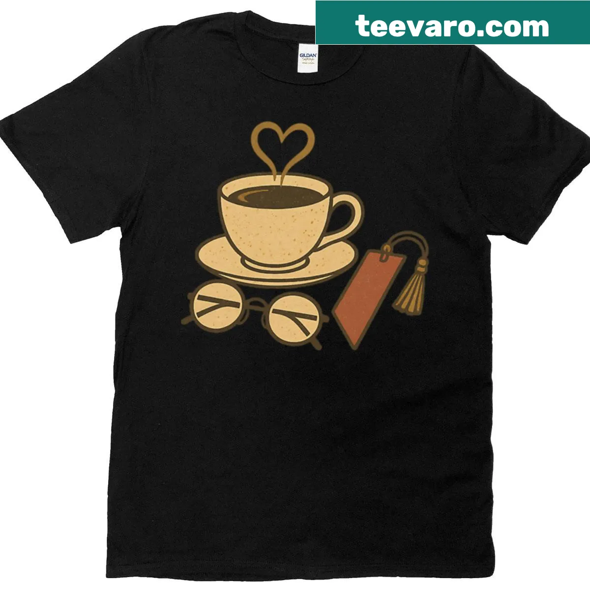 Cozy T-shirt with illustration of coffee and reading glasses. — on a men's t-shirt