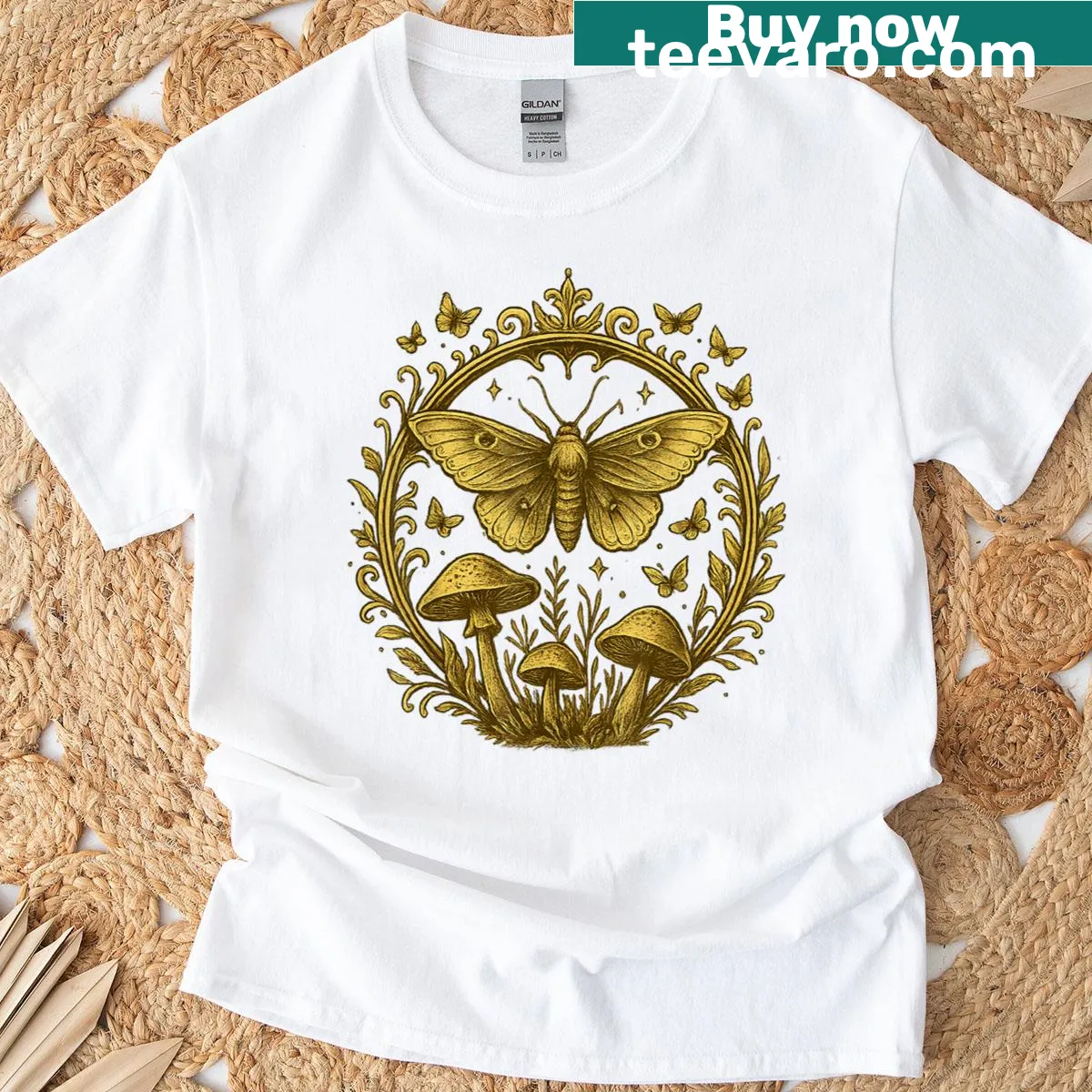 Fairycore floral moth graphic design on a vintage T-shirt — on a men's t-shirt
