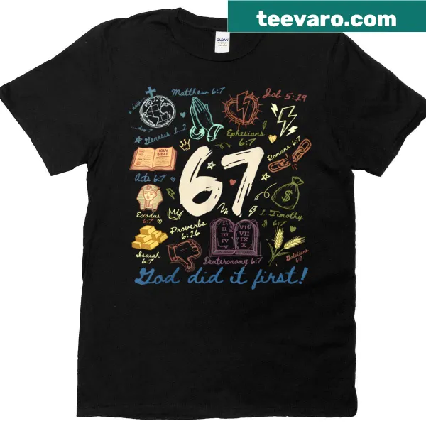 Vintage-style T-shirt with 'God Did It First' and meme reference.