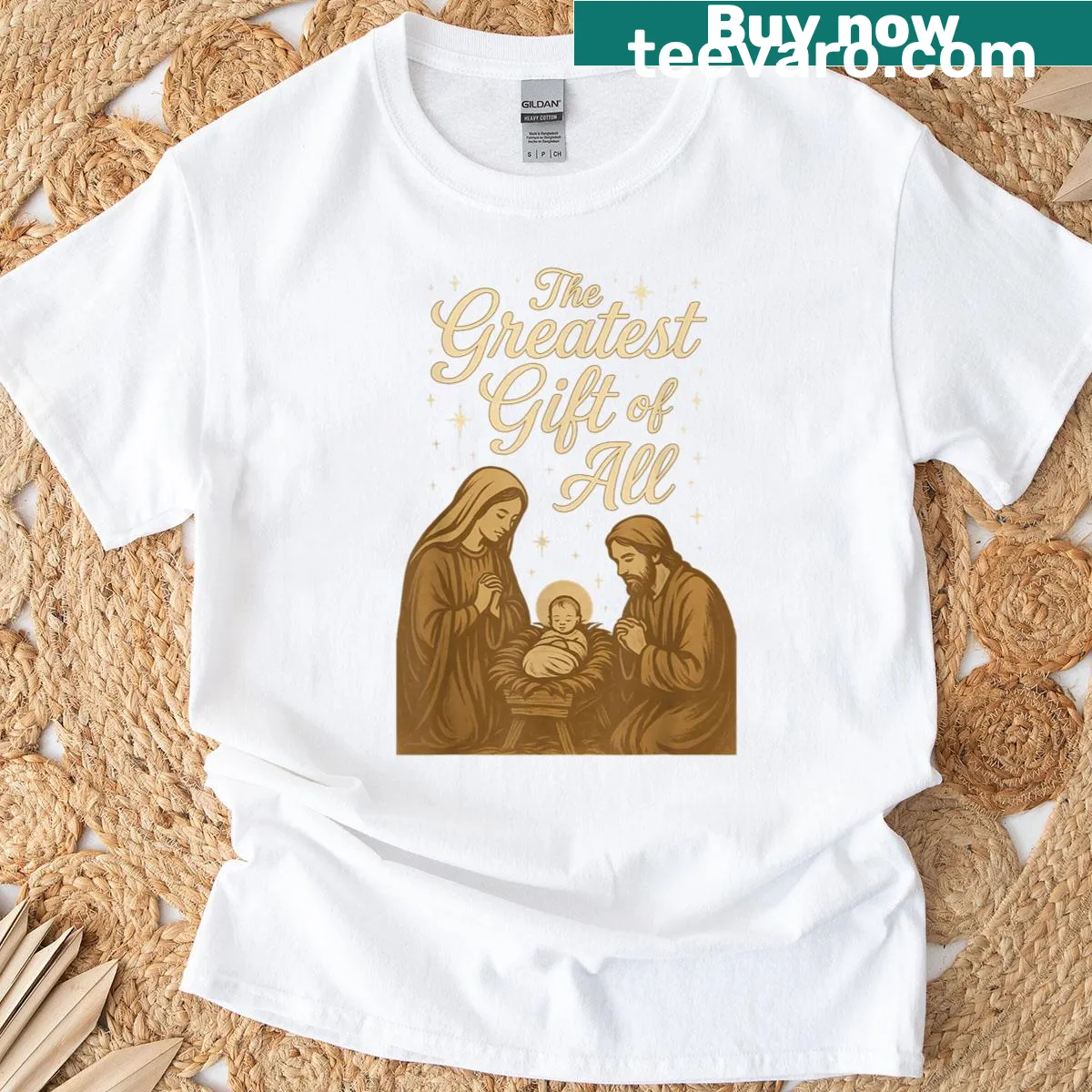 Cartoon nativity scene t-shirt with vintage style — on a men's t-shirt