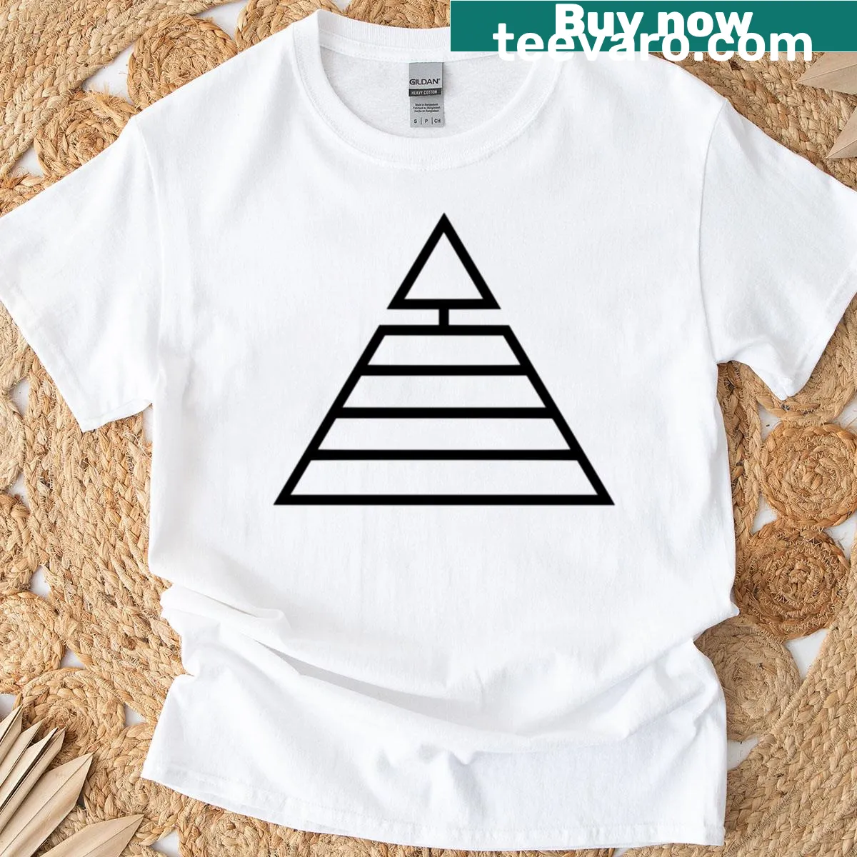 Geometric pyramid design T-shirt with abstract typography — on a men's t-shirt