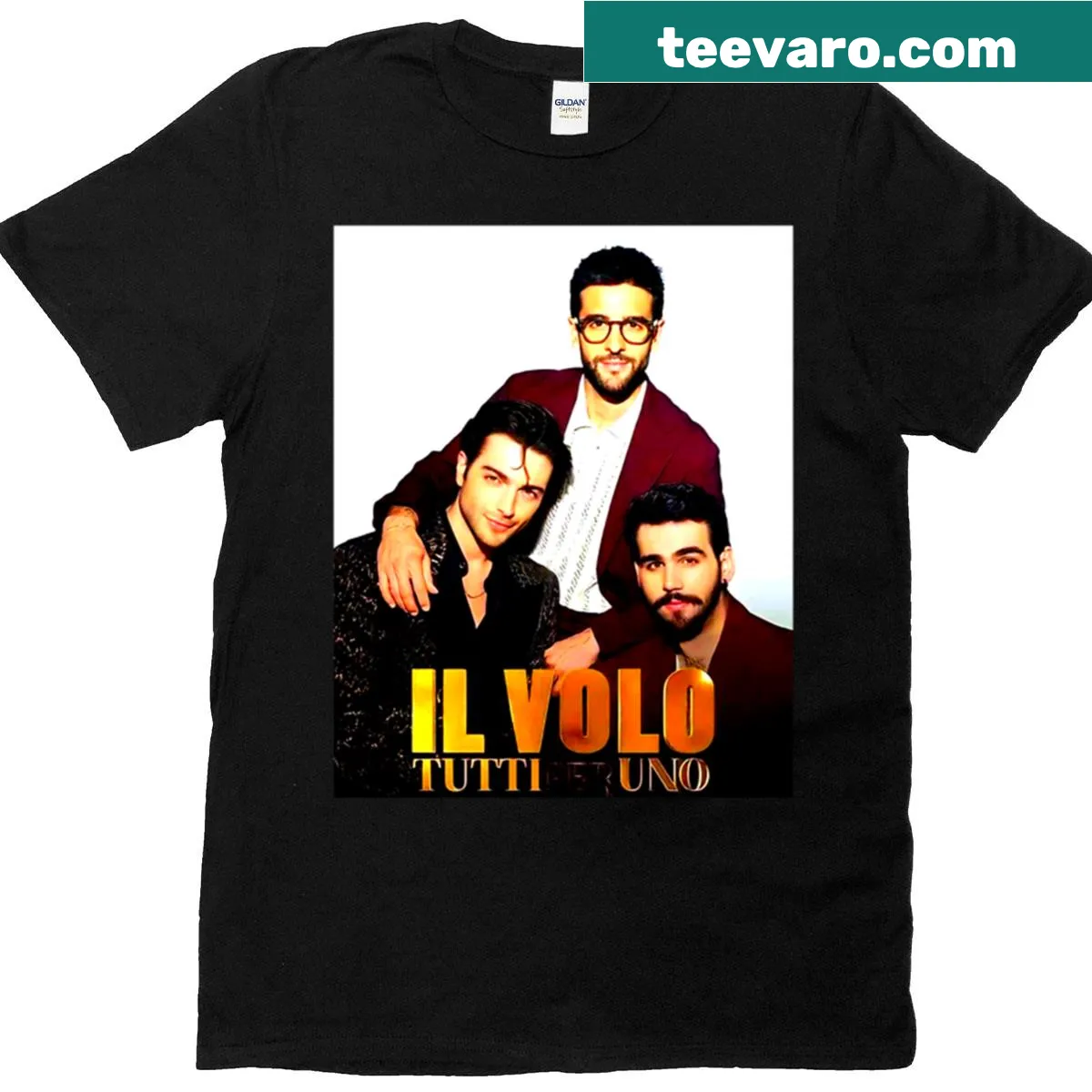 Illustrative t-shirt celebrating Il Volo music — on a men's t-shirt