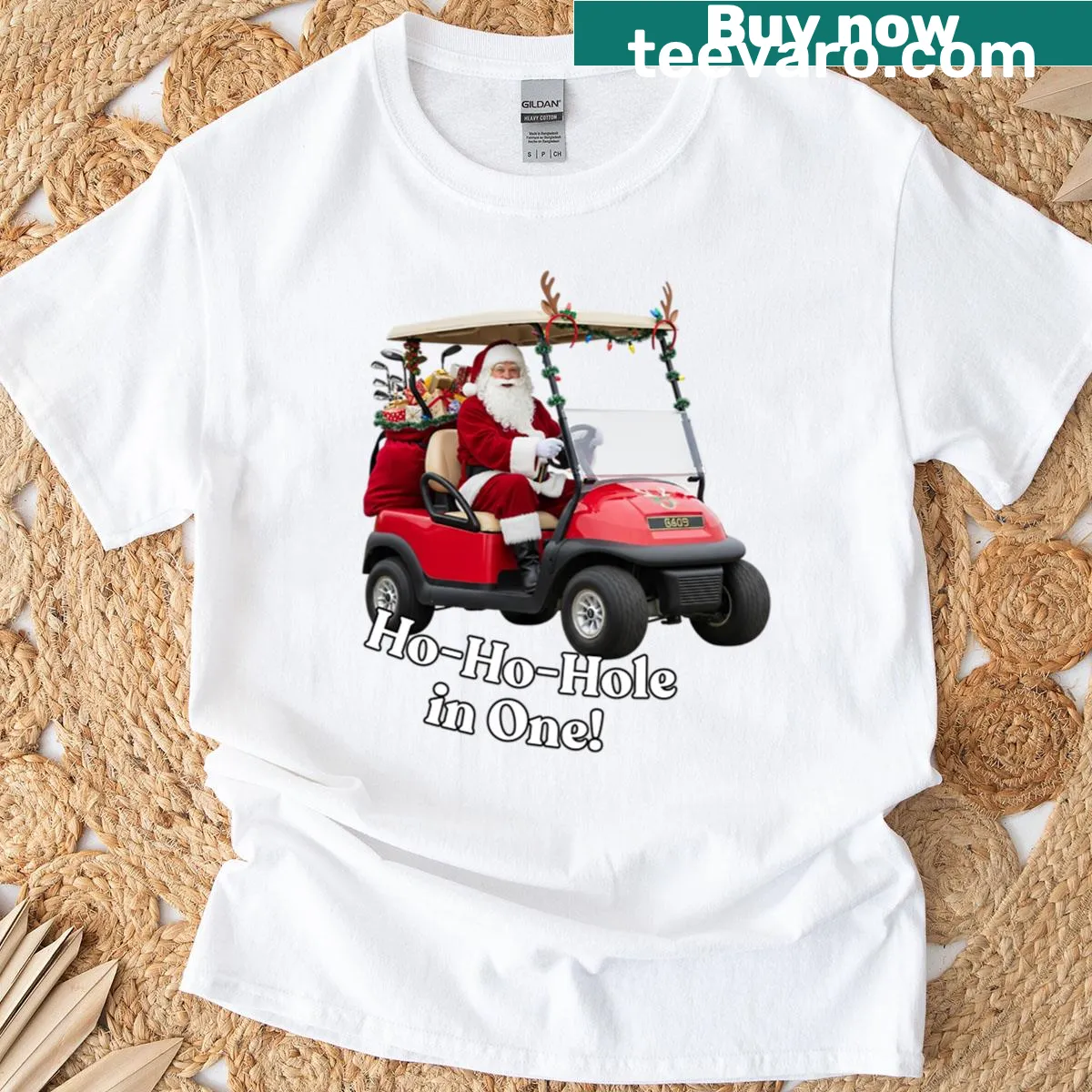 Whimsical Santa in a golf cart Christmas graphic T-shirt — on a men's t-shirt