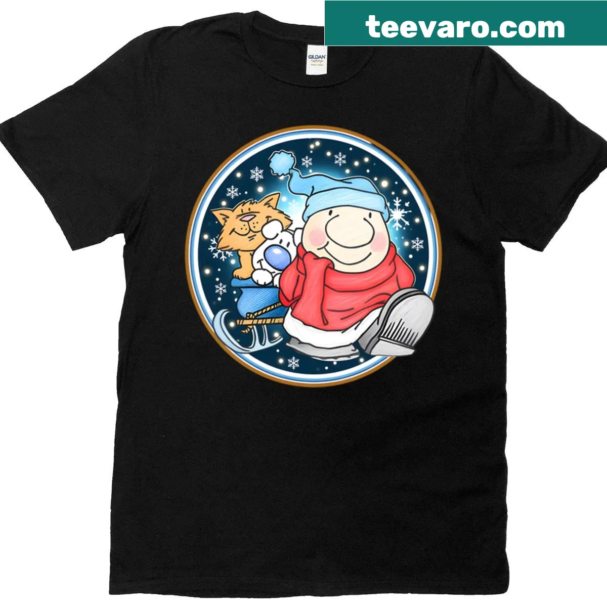 Ziggy and friends illustrated winter t-shirt — on a men's t-shirt
