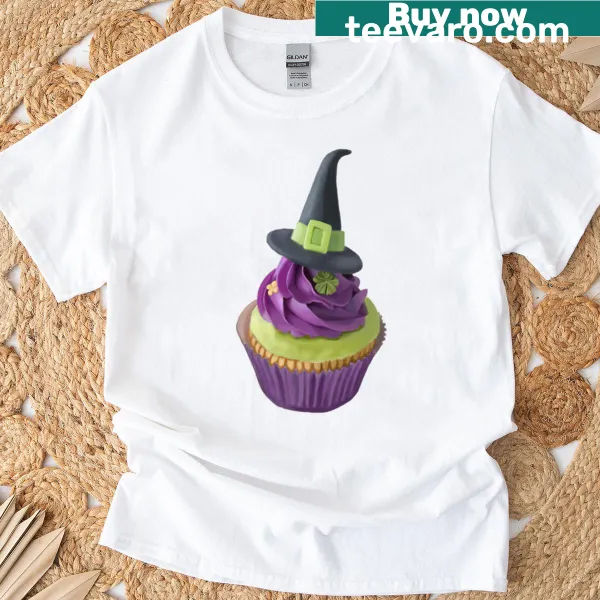 T-shirt with a whimsical cupcake design featuring witch elements