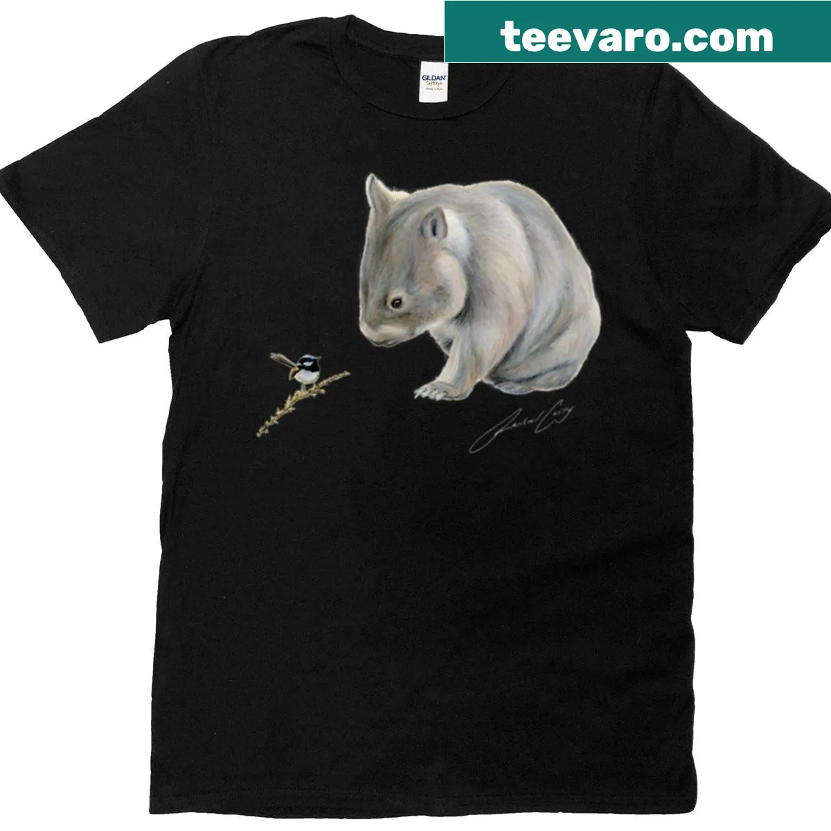 Illustration of a wombat and blue wren on a t-shirt — on a men's t-shirt