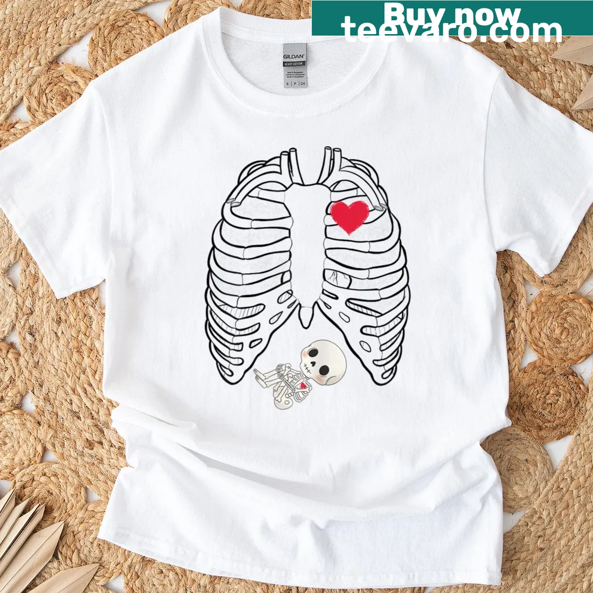 Cute skeleton T-shirt with a heart illustration inside the rib cage — on a men's t-shirt