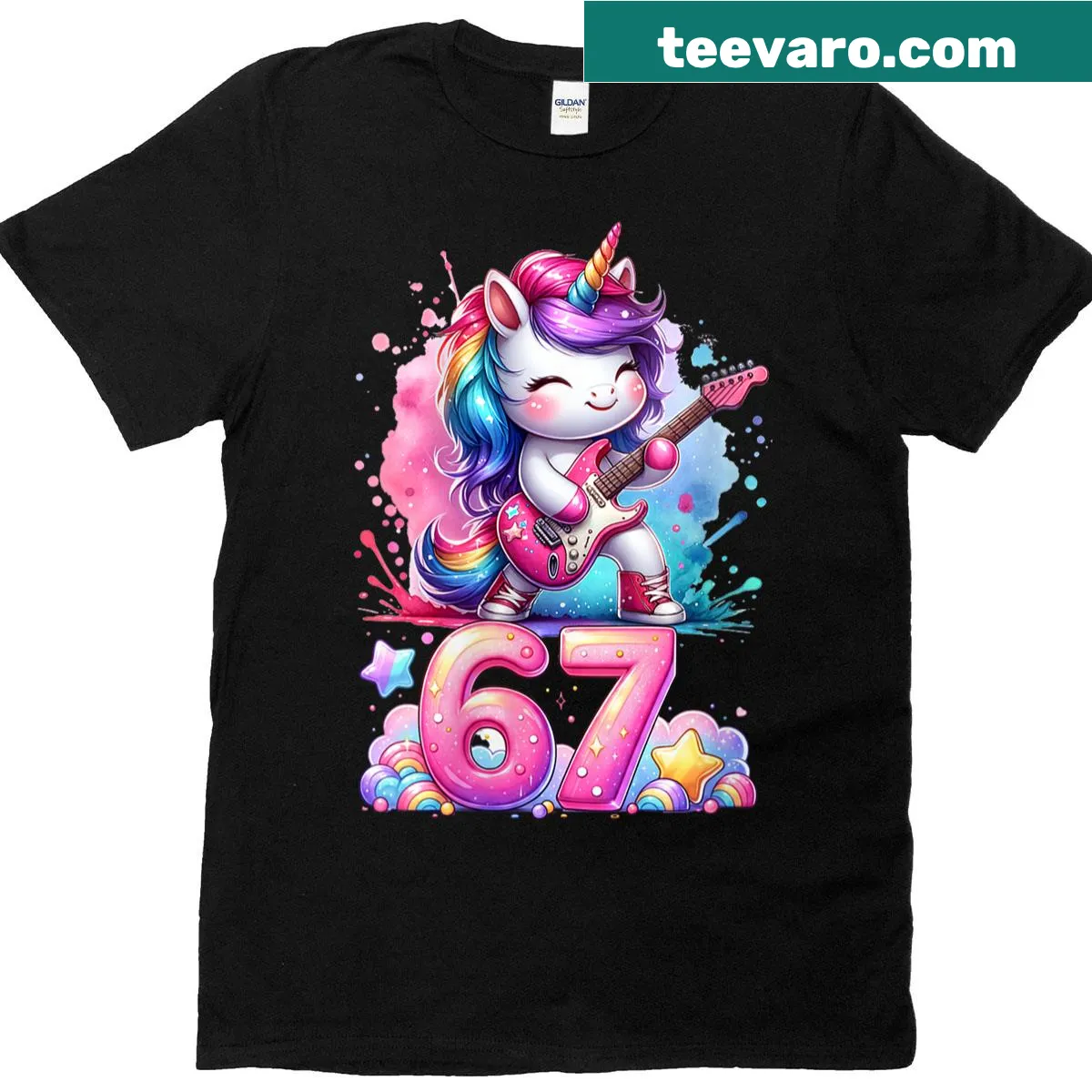 Funny T-shirt featuring a cartoon unicorn with a guitar — on a men's t-shirt