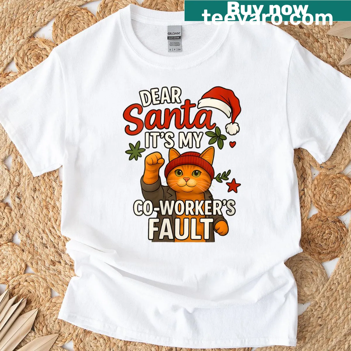 Funny cat design T-shirt with the text 'Dear Santa, it's my co-worker's fault.' — on a men's t-shirt