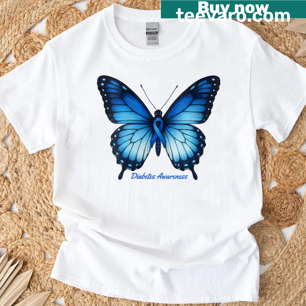 Butterfly ribbon design for diabetes awareness on a T-shirt. — on a men's t-shirt