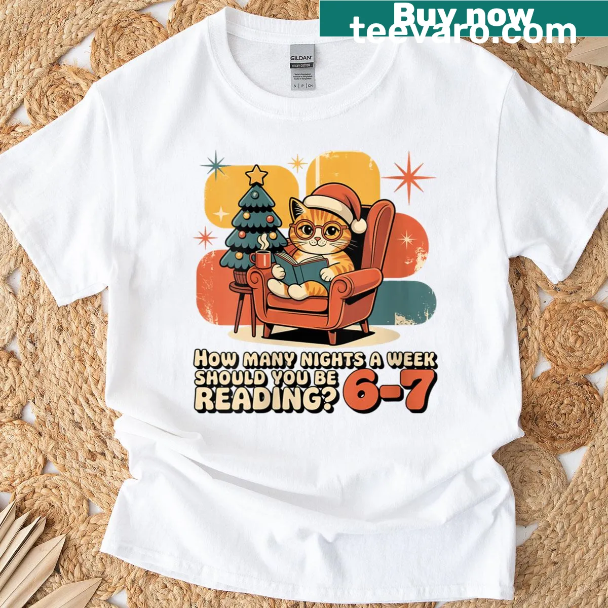 Humorous cat reading illustration on English teacher Christmas t-shirt — on a men's t-shirt