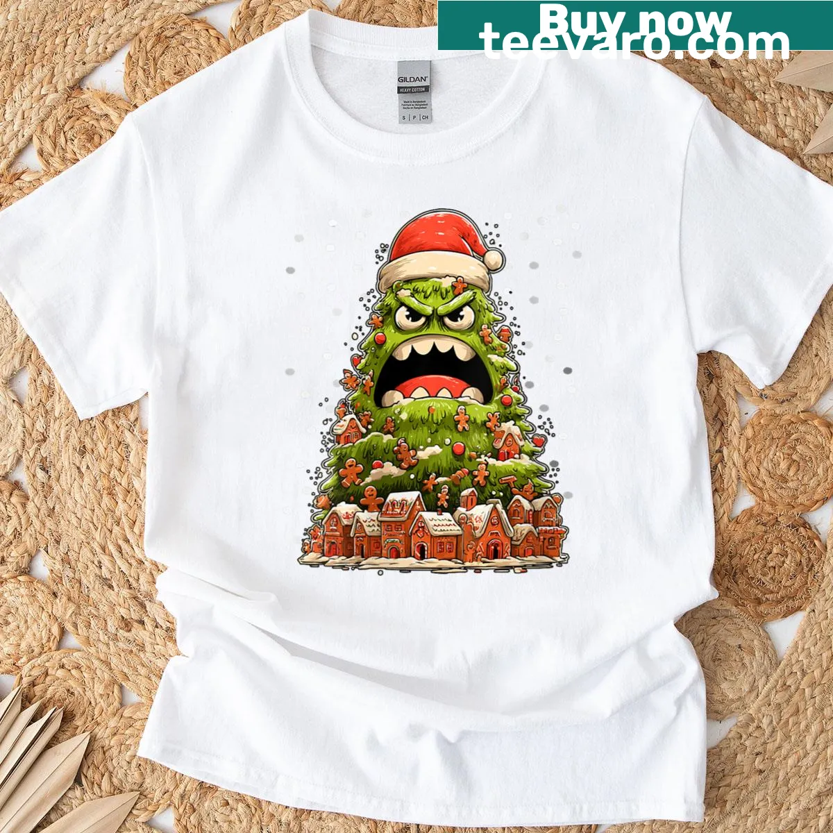 Funny Christmas T-shirt with tree and gingerbread cookie design — on a men's t-shirt