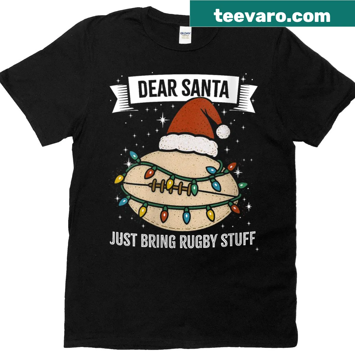 Whimsical Christmas rugby player t-shirt with a mom theme — on a men's t-shirt