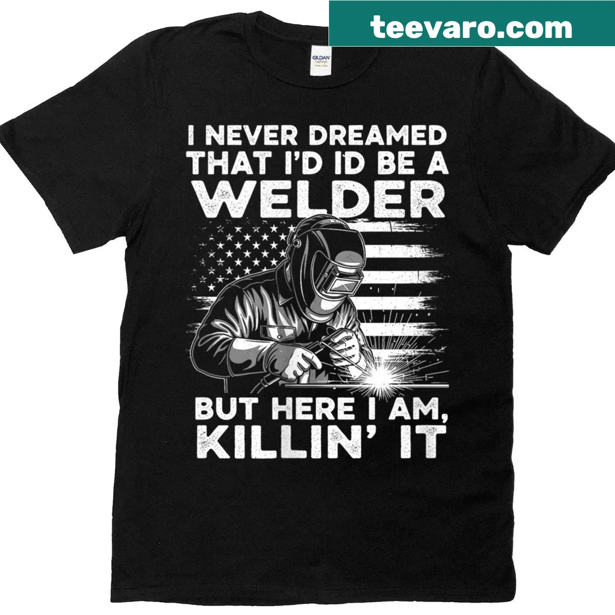 Witty welder-themed T-shirt for women embracing their profession — on a men's t-shirt