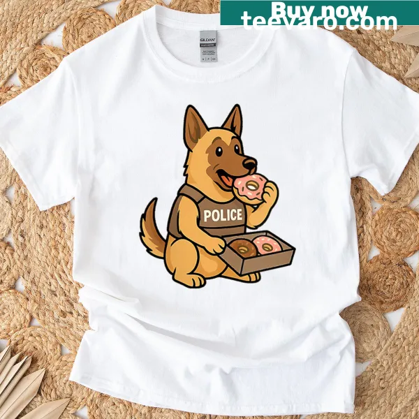 Funny T-shirt featuring a German Shepherd and doughnuts
