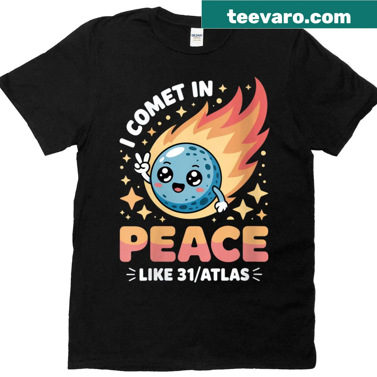 Funny space-themed T-shirt with comet graphic — on a men's t-shirt