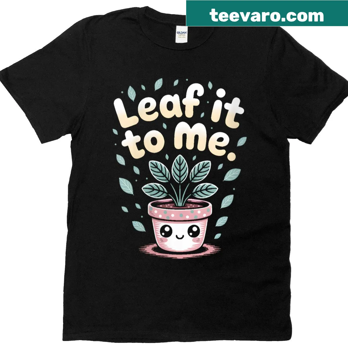 Kawaii t-shirt featuring houseplants and the pun 'Leaf It To Me.' — on a men's t-shirt