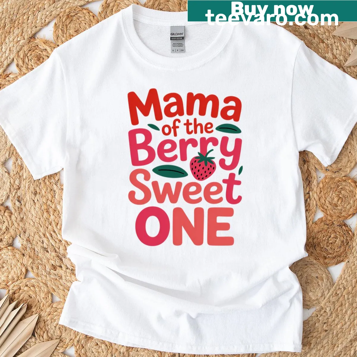 Cute strawberry-themed first birthday t-shirt for moms — on a men's t-shirt
