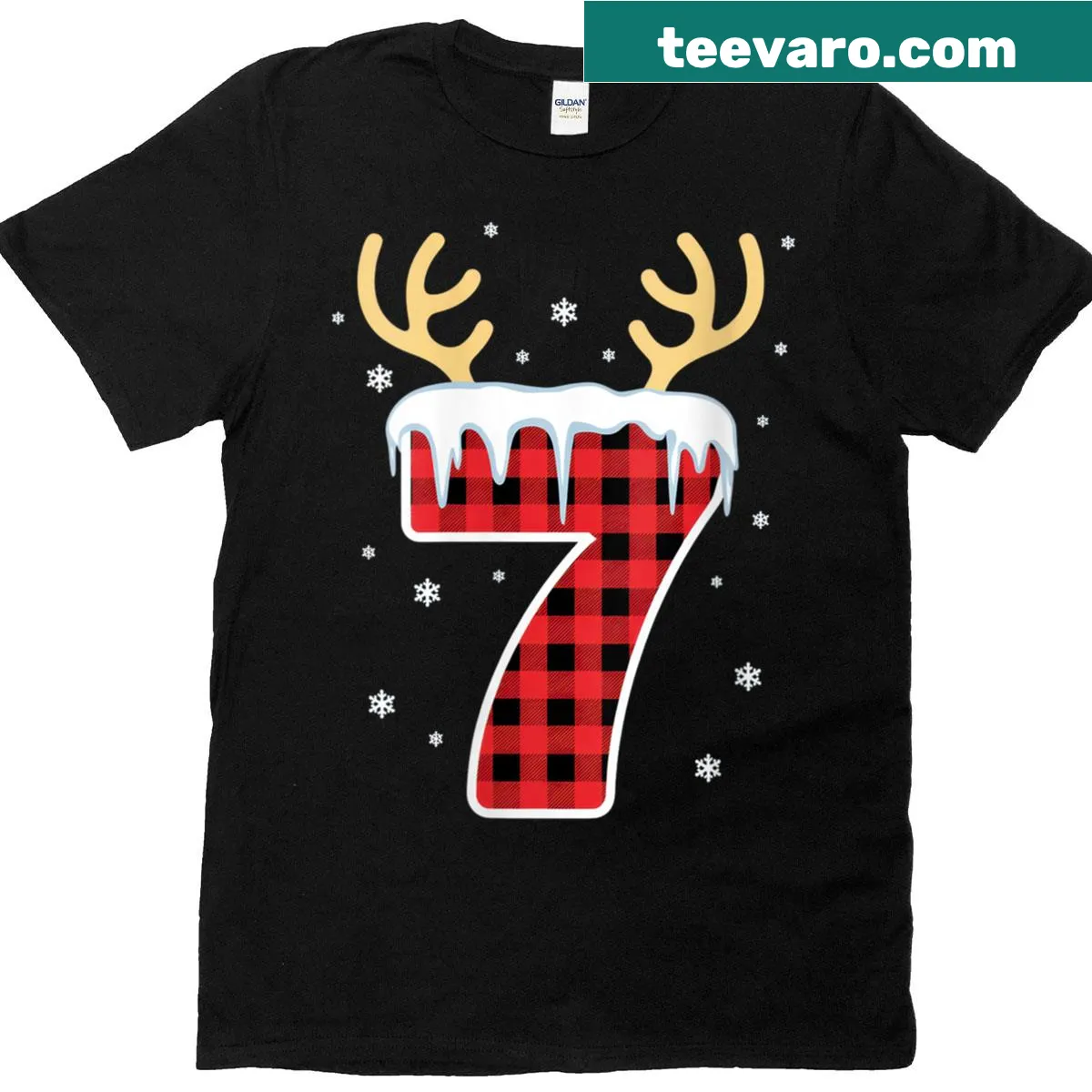 Cute holiday T-shirt with reindeer antlers and plaid design — on a men's t-shirt