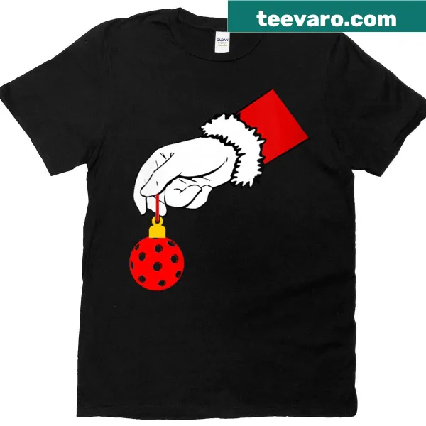 Whimsical t-shirt with Santa holding a pickleball ornament
