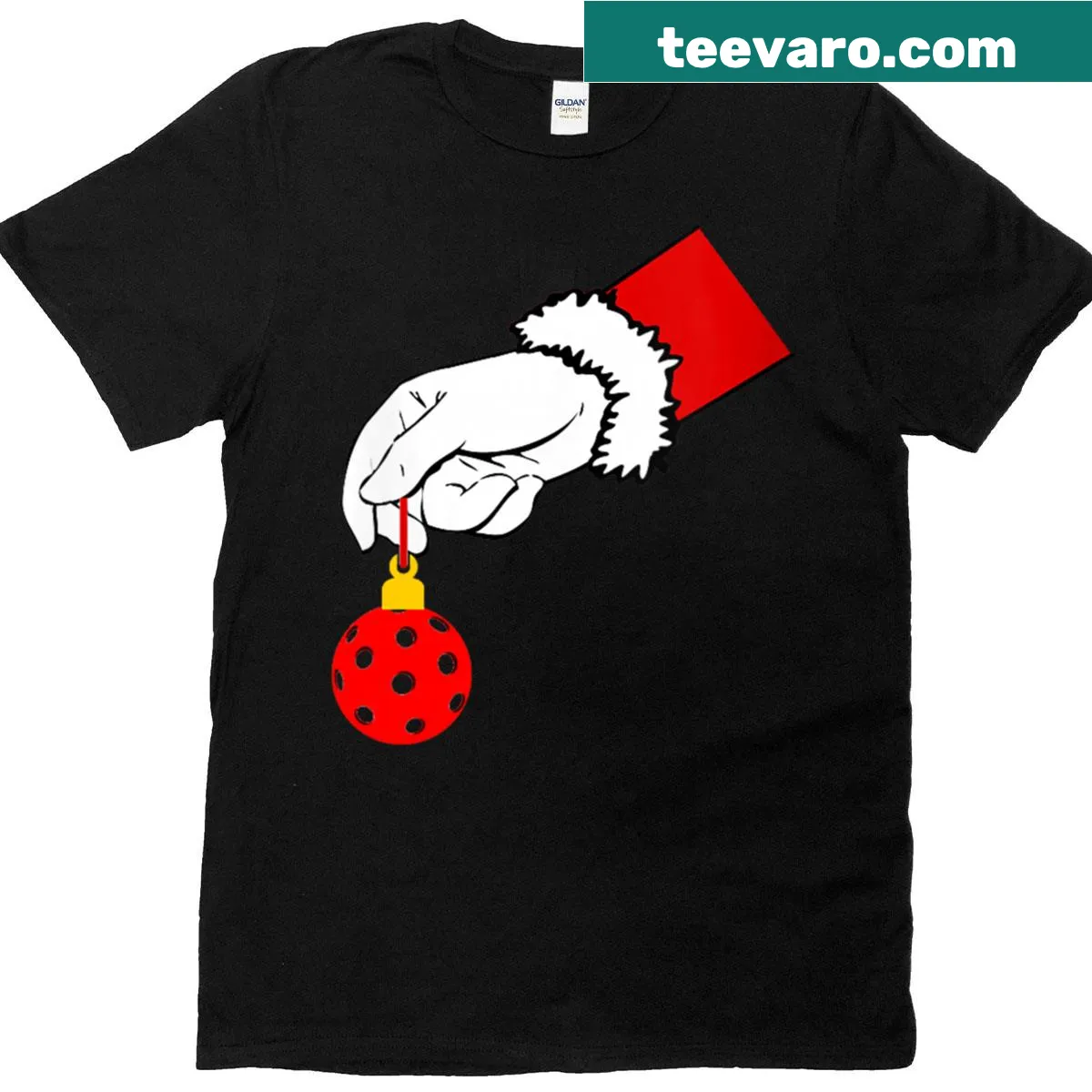 Whimsical t-shirt with Santa holding a pickleball ornament — on a men's t-shirt