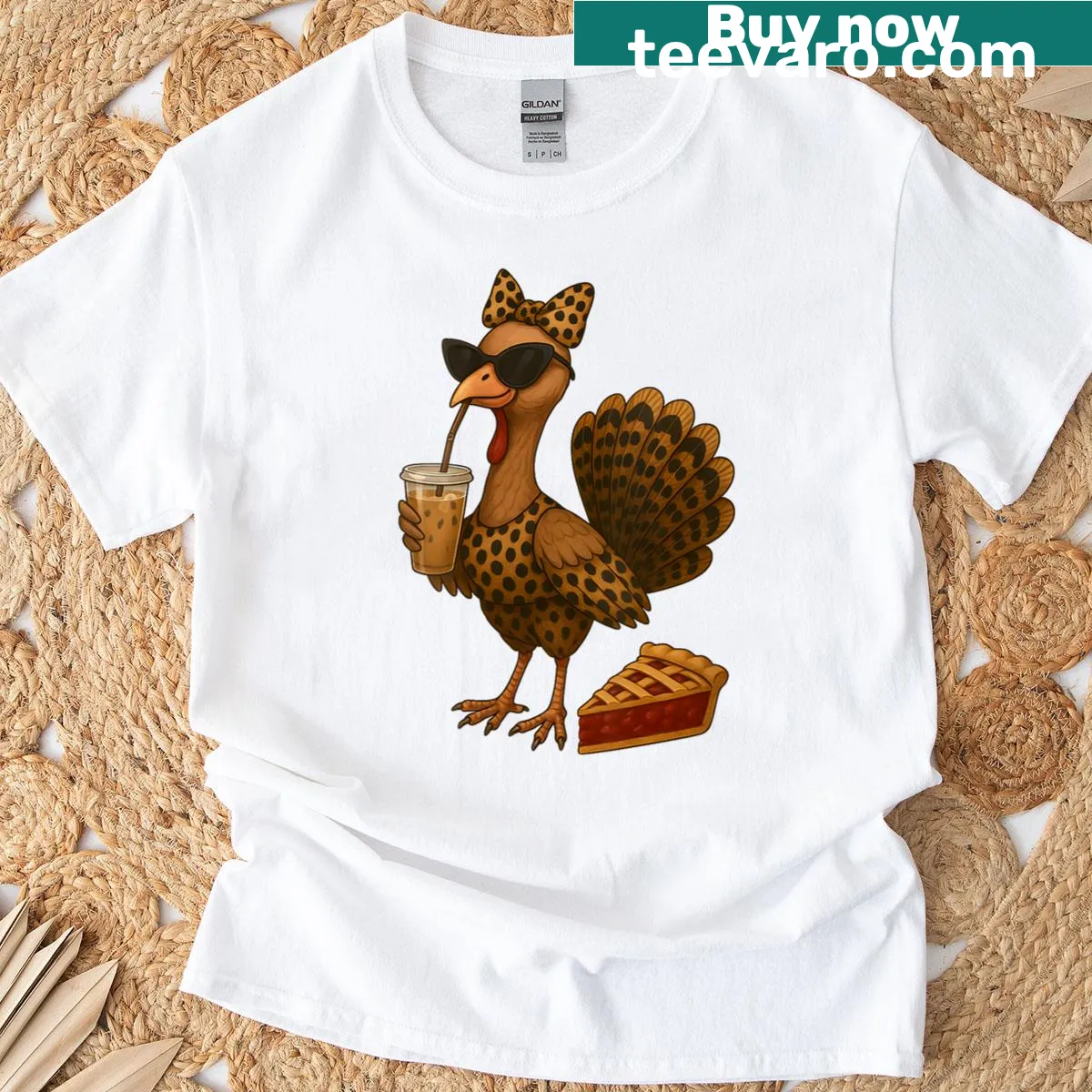 Cute t-shirt with a turkey drinking coffee and wearing a bow — on a men's t-shirt