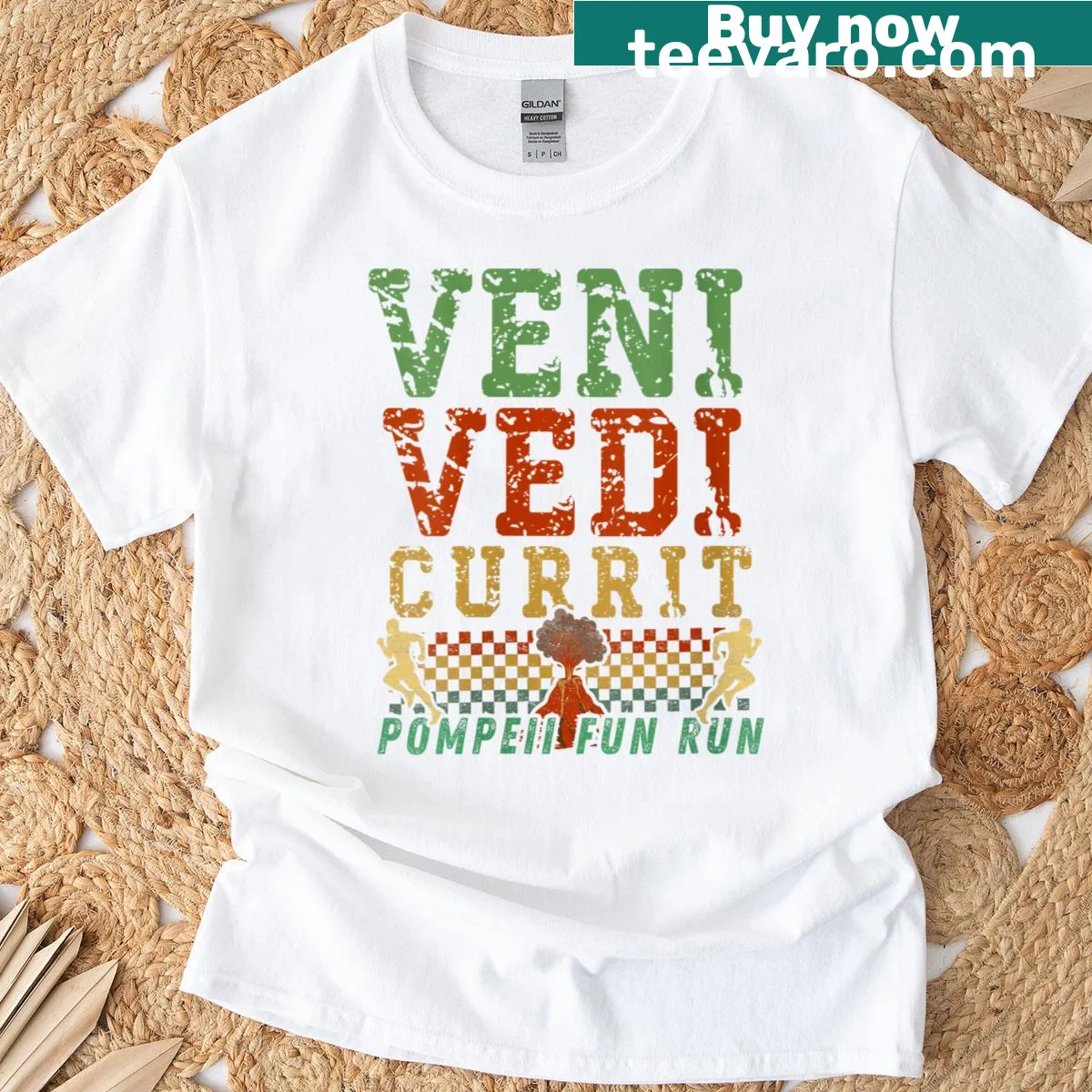 Womens T-shirt with 'Veni Vidi Currit' fun run graphic — on a men's t-shirt