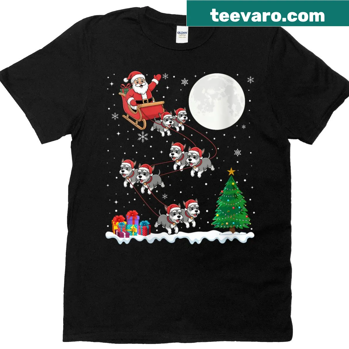 Illustration of Santa in a sleigh with Christmas lights and a Schnauzer — on a men's t-shirt