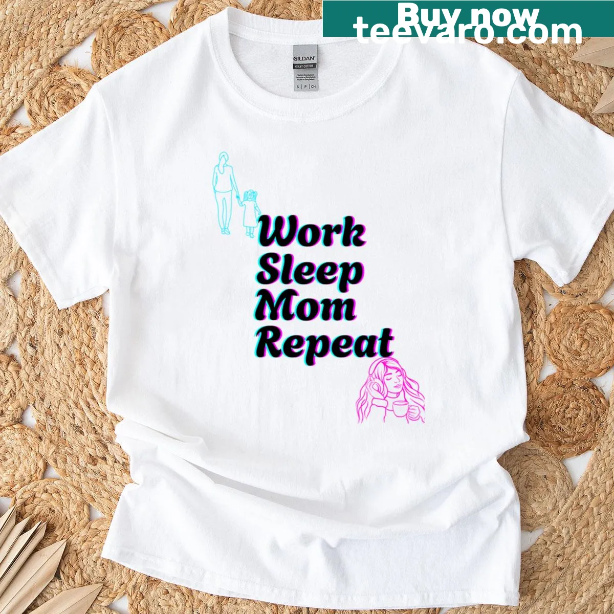 Text graphic featuring 'Work Sleep Mom Repeat' on a t-shirt — on a men's t-shirt
