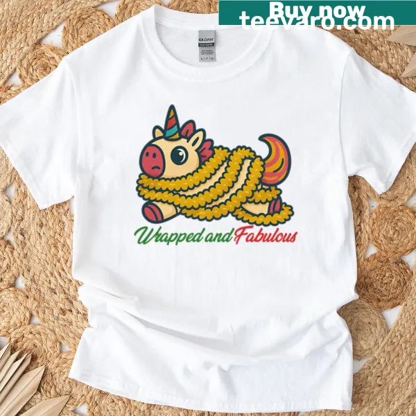 Christmas unicorn T-shirt with a festive wrapped design