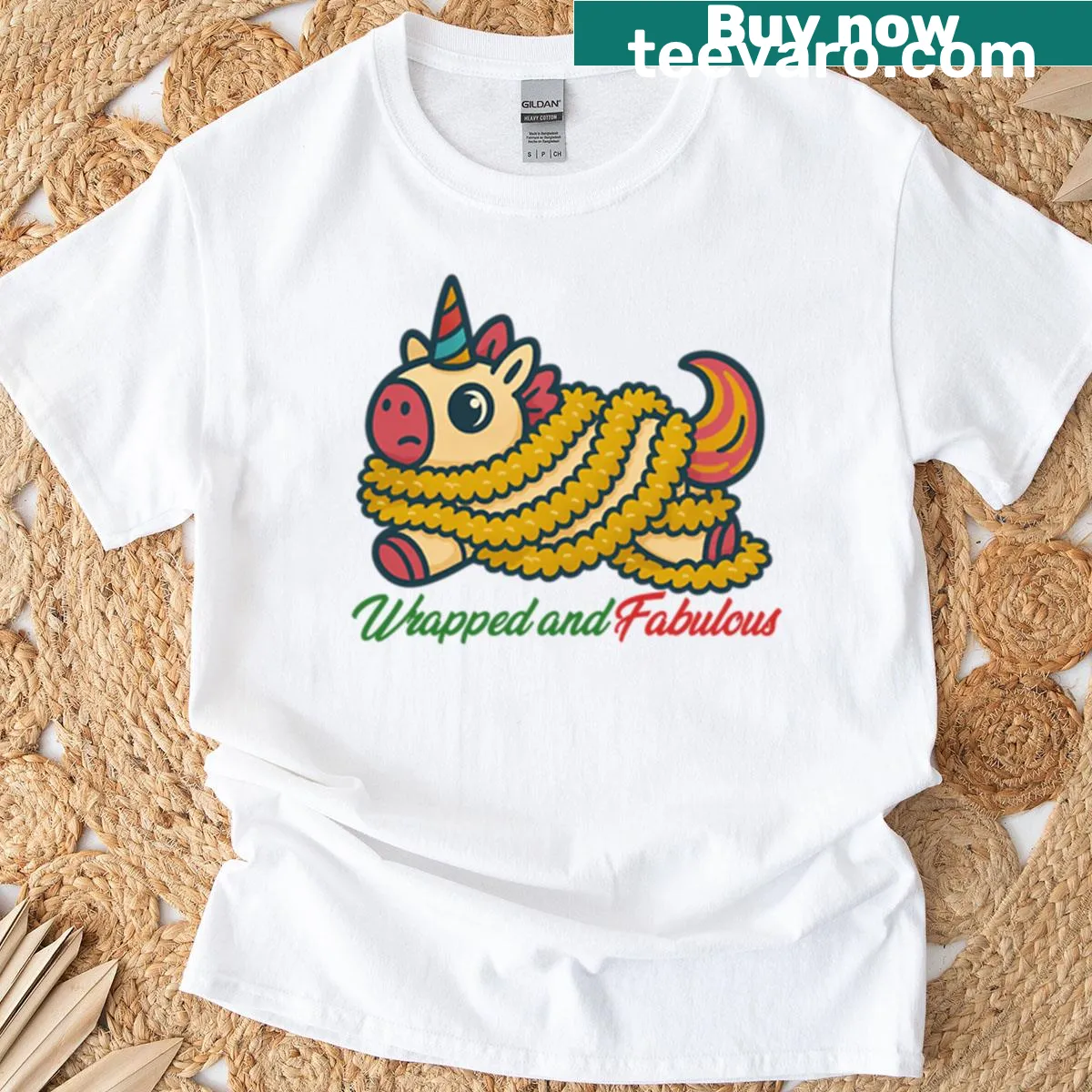 Christmas unicorn T-shirt with a festive wrapped design — on a men's t-shirt