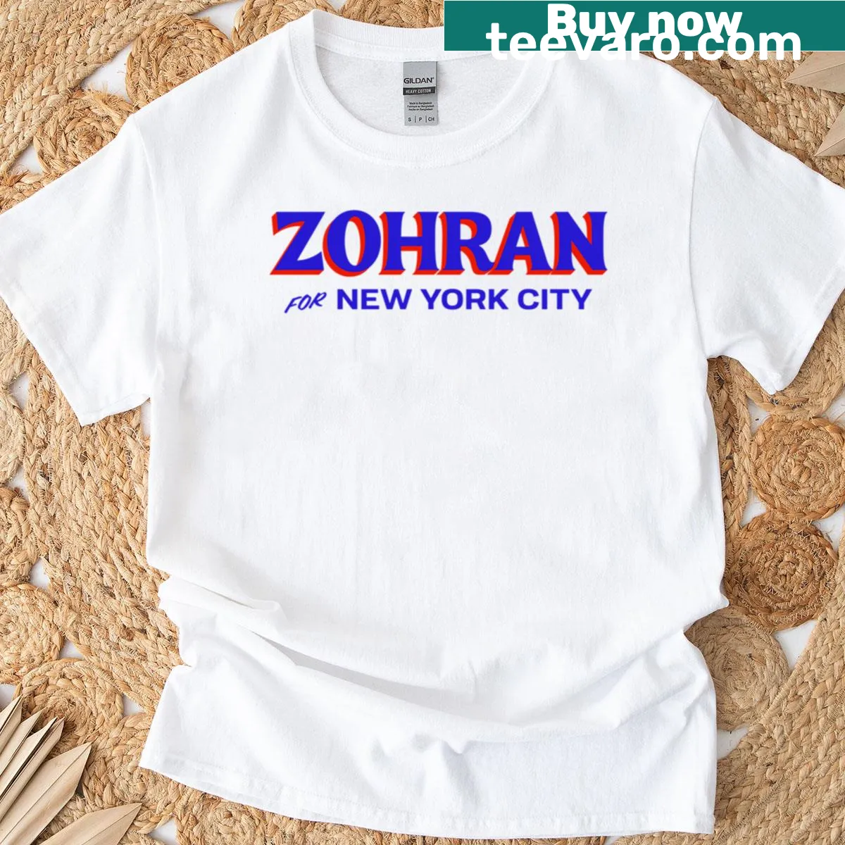 Zohran for NYC Mayor t-shirt with bold blue text design — on a men's t-shirt
