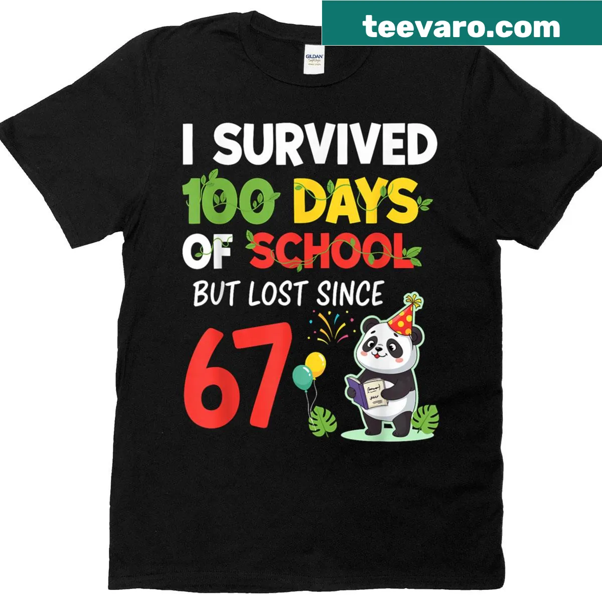 Funny T-shirt for kids with panda and school survival theme. — on a men's t-shirt