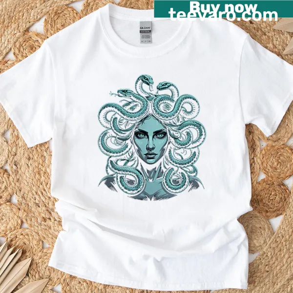 Two-sided Medusa graphic with humorous text on T-shirt