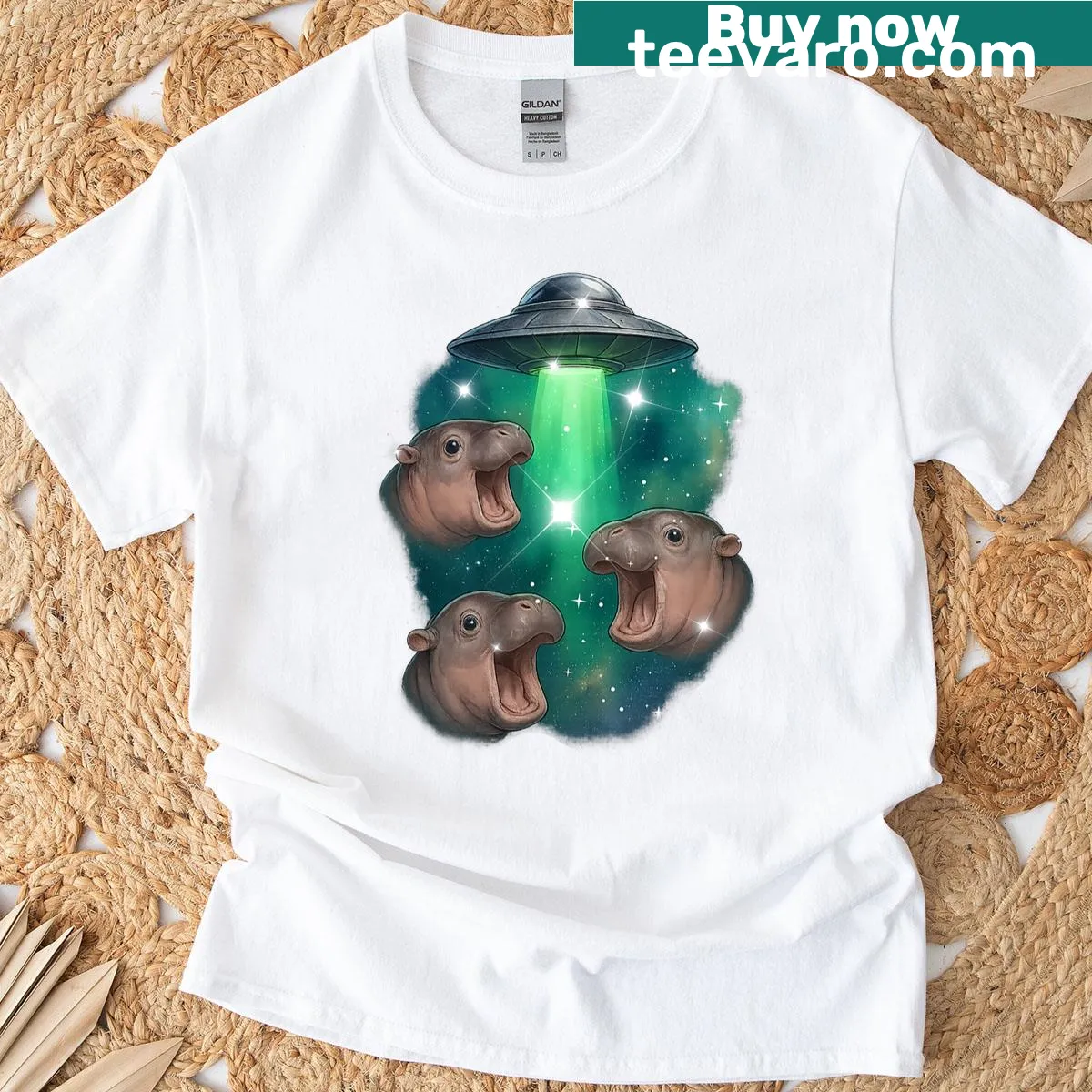Funny baby hippos with UFO graphic for animal lovers — on a men's t-shirt