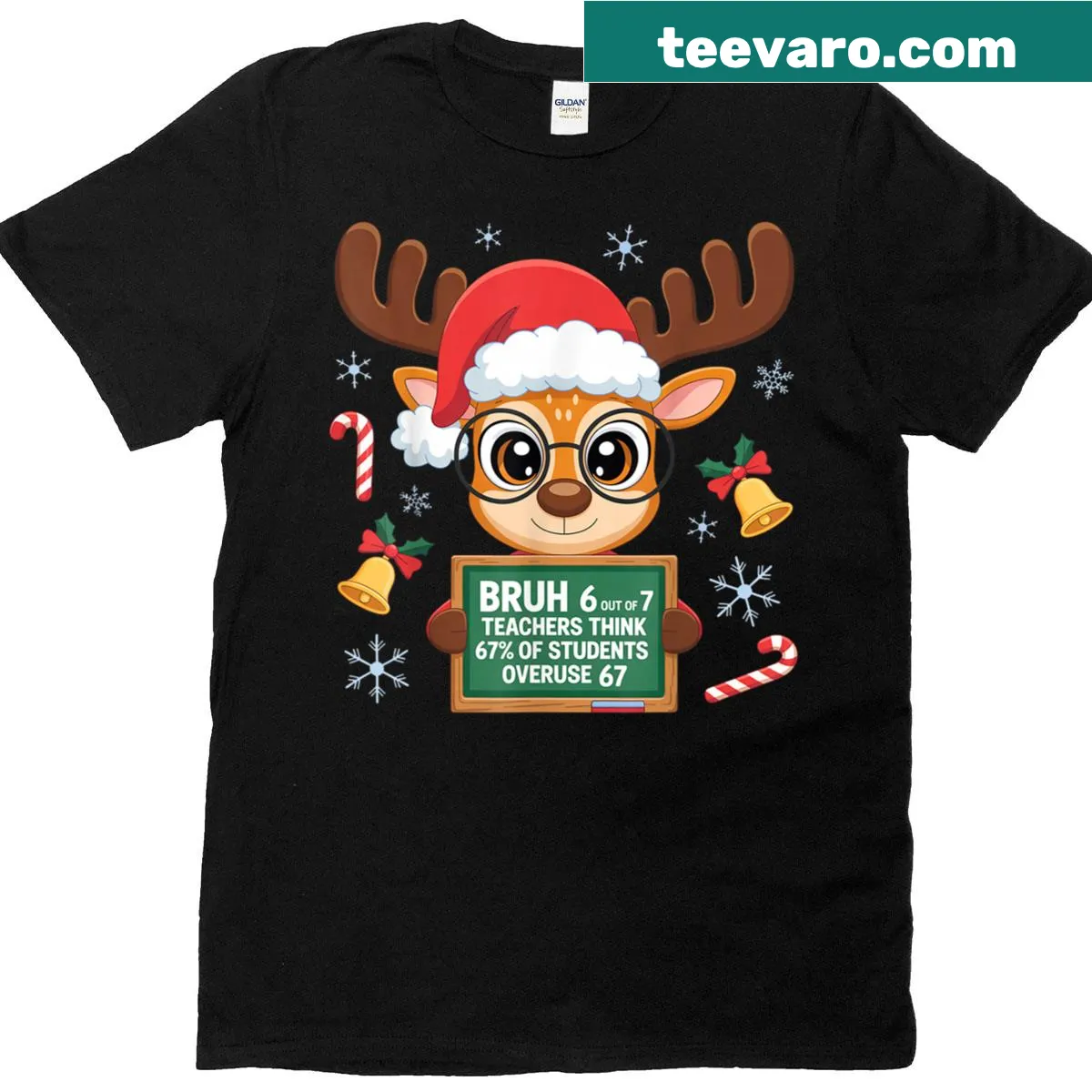 Funny teacher T-shirt with '6 Out Of 7 Teachers Think 67 Of Students Overuse Meme' text — on a men's t-shirt