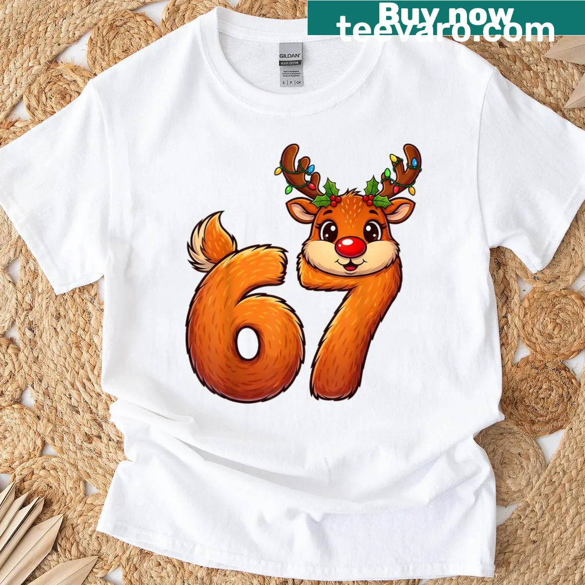 Funny Christmas t-shirt with meme-style reindeer graphic — on a men's t-shirt